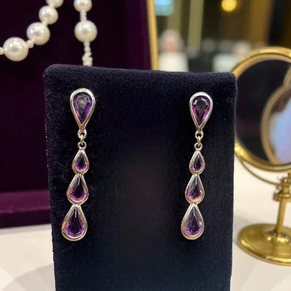 Monet Amethyst Quadruple Teardrop Dangle Earrings With Gold Setting Vintage - Picture 7 of 11